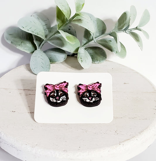 Cat with Bow Wood Studs