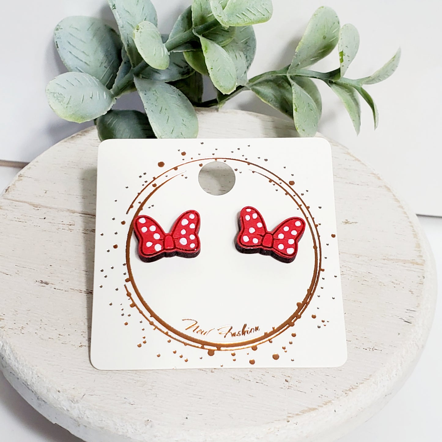 Red and White Polka Dot Bow Studs