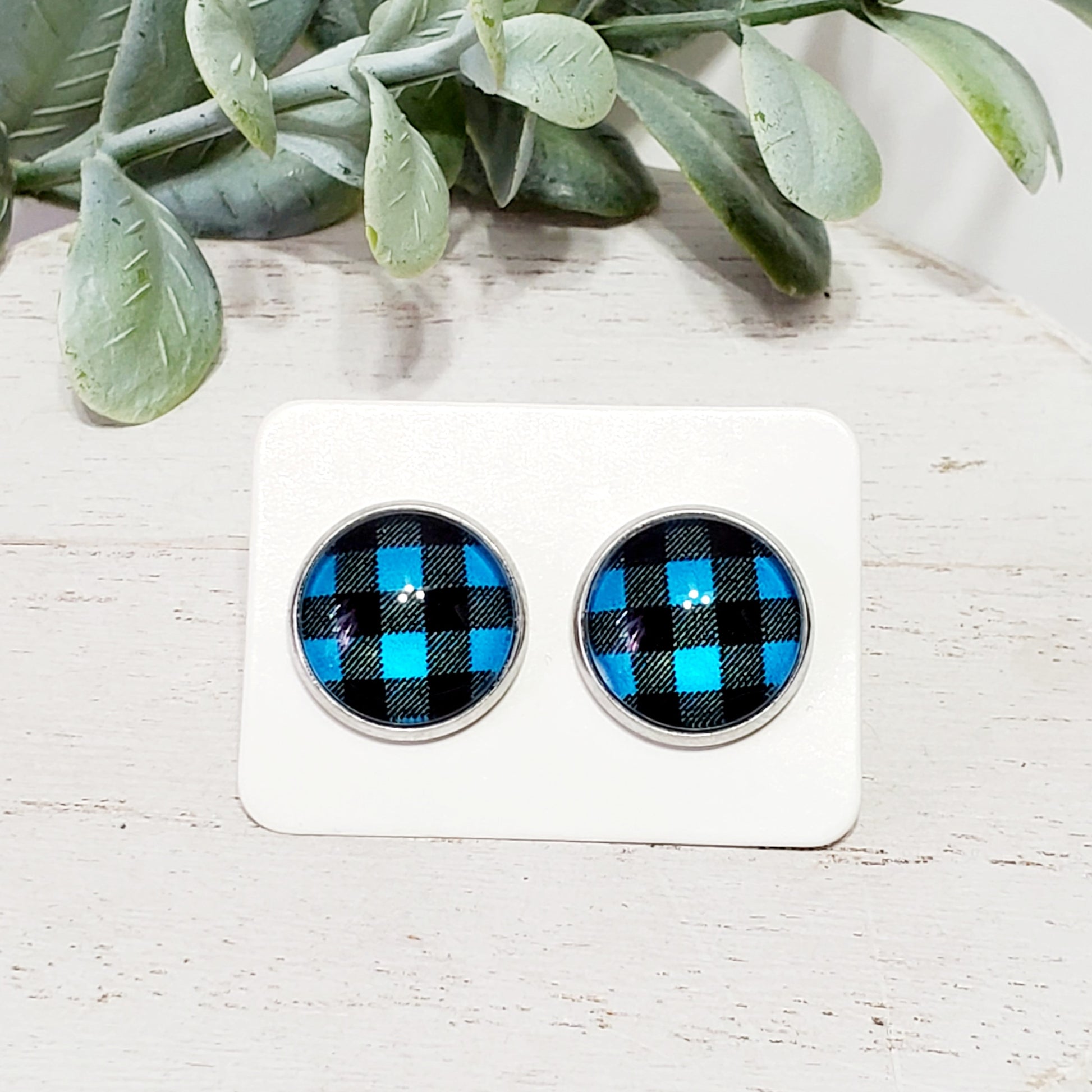 12MM Blue Plaid Studs