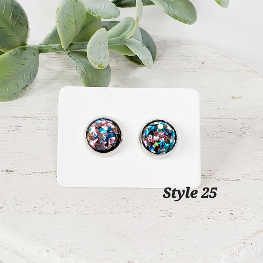 8MM Blue, Pink, Gold Glitter Studs