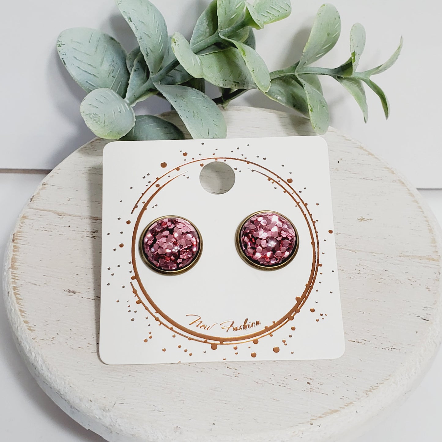 12MM Glitter Pink Cabochon Studs