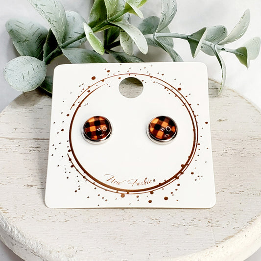 8MM Orange Plaid Cabochon Studs