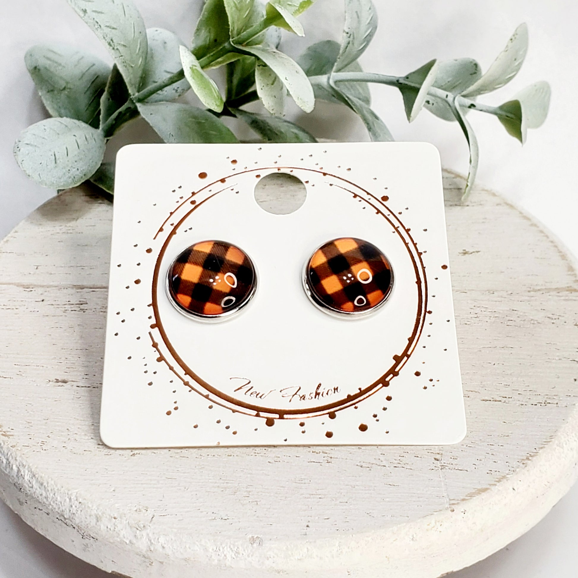 12MM Orange Plaid Cabochon Studs