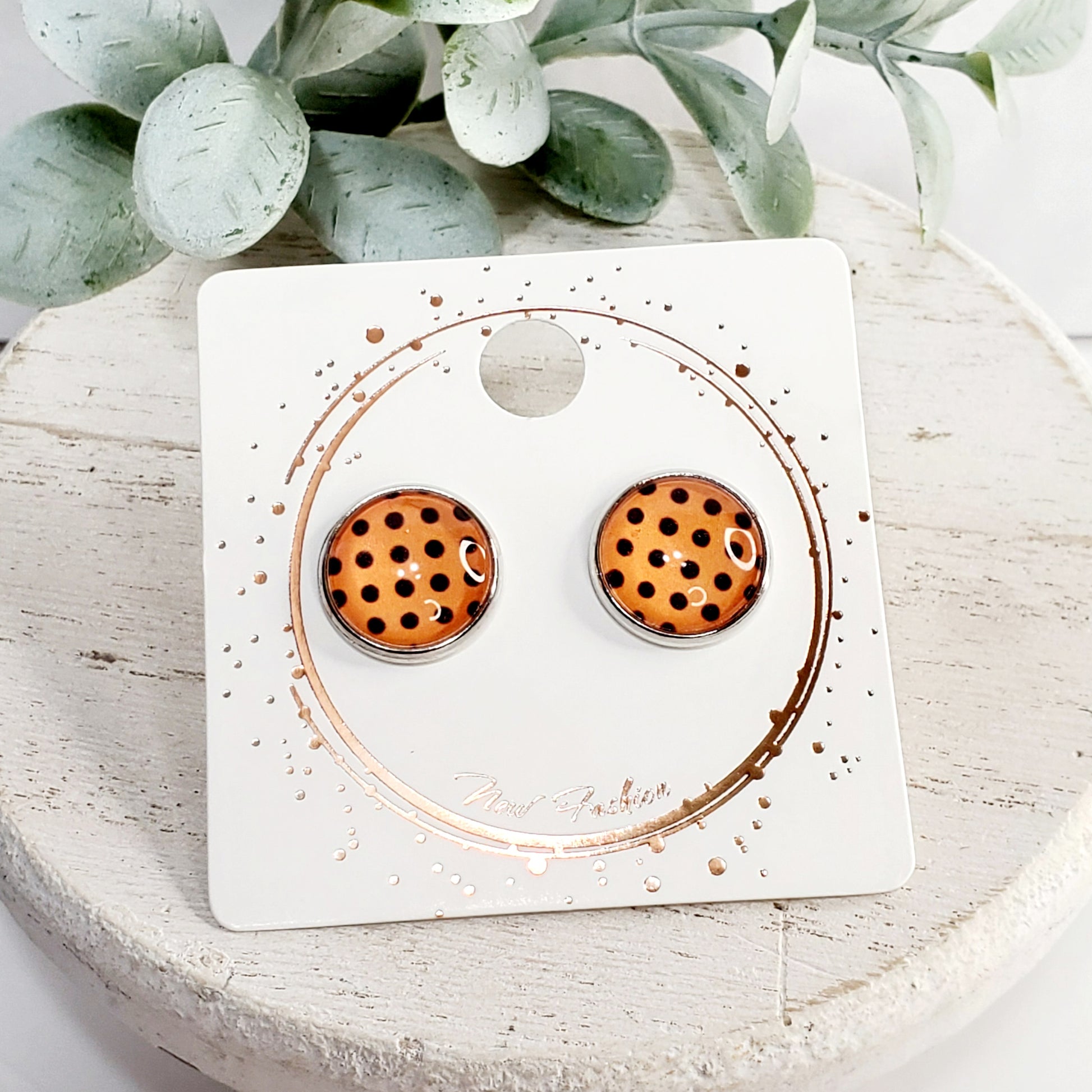 12MM Orange w/ Black Polka Dots Cabochon Studs