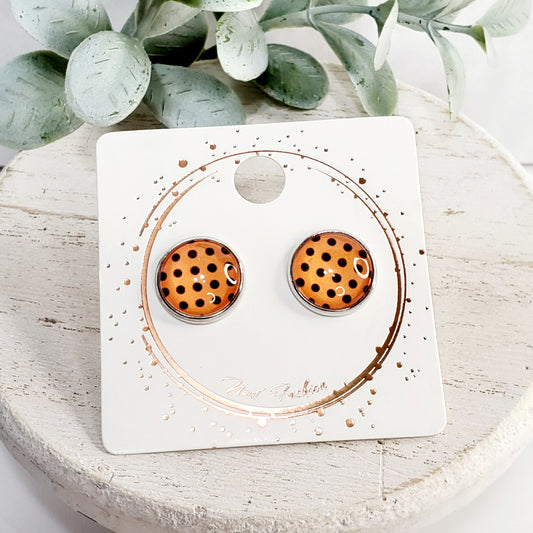 12MM Orange w/ Black Polka Dots Cabochon Studs