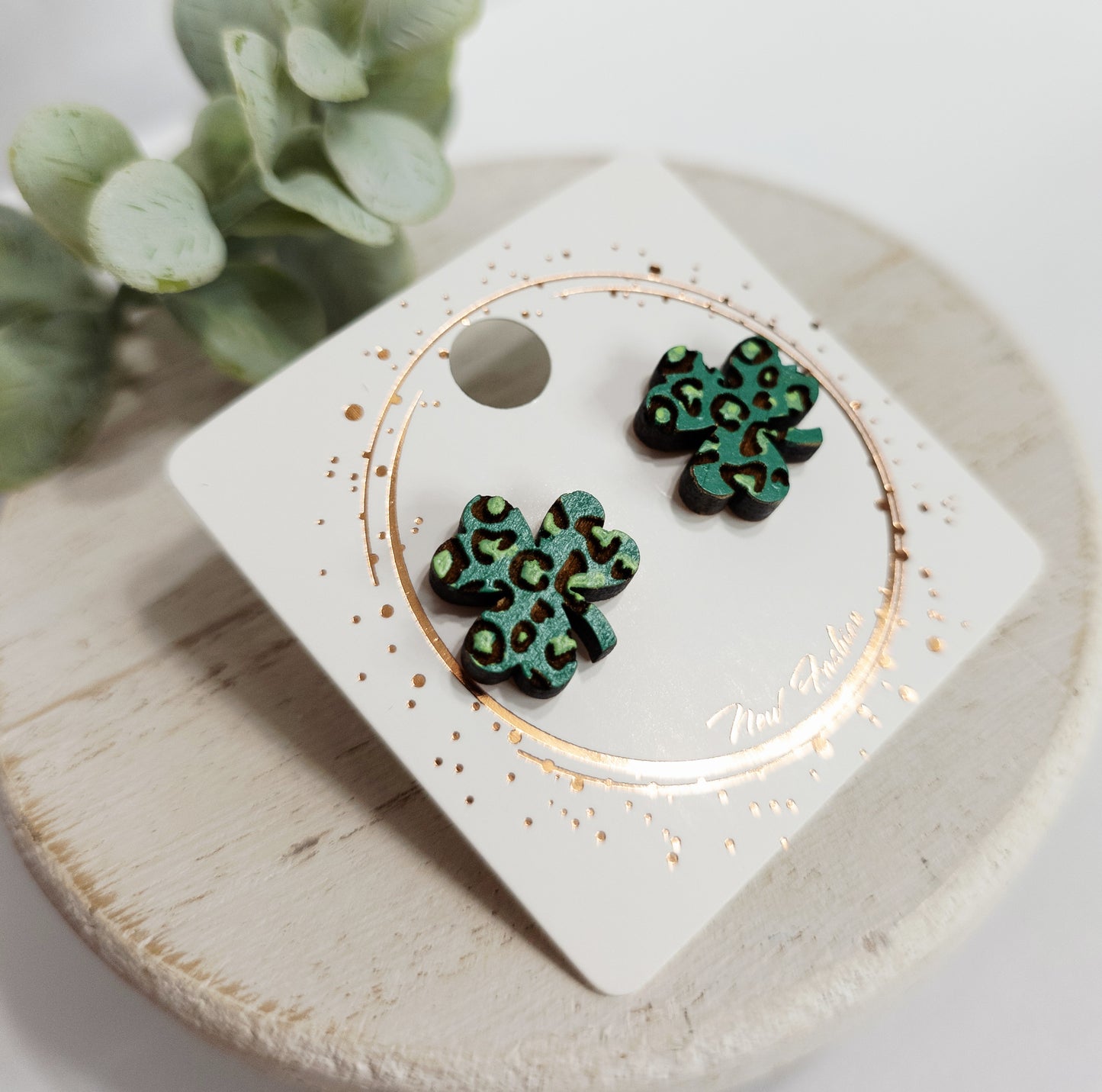 Green Cheetah Clover Wood Studs