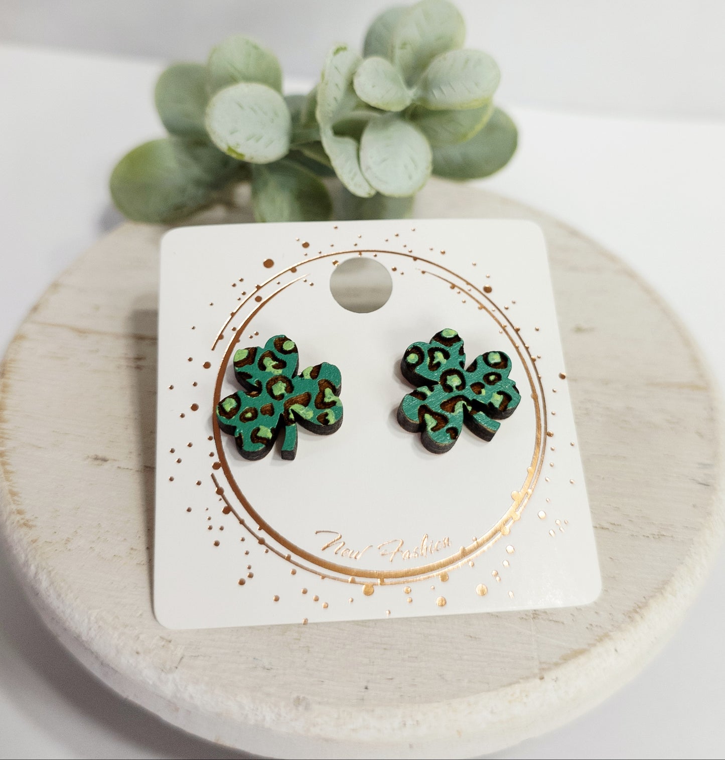 Green Cheetah Clover Wood Studs